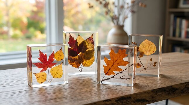 Decorative clear resin blocks preserving autumn leaves artful display