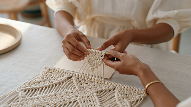 Net weaver's hands in a minimalist studio photograph, a single intricate macram&eacute; knot centered in frame against pale linen backdrop, an unsigned Valentine card tucked beneath the