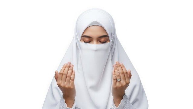 Muslim woman wearing a white hijab and niqab praying with hands raised isolated on transparent background