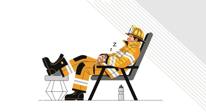 Firefighter resting in uniform after long shift.