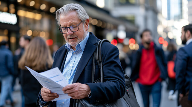 An elderly actuary in a busy urban financial district street, briefcase under one arm, pausing to review printed data sheets outdoors, the framing isolating the senior professional amid office worke