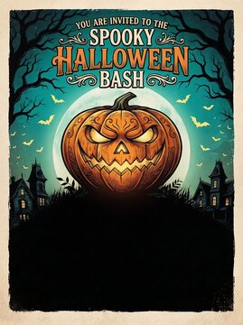 Spooky halloween bash invitation poster with a glowing jackolantern, haunted houses, bats, and a full moon in a dark, eerie, vintagestyle forest setting