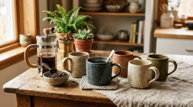 Cozy morning coffee setup featuring a French press, assorted ceramic mugs, and potted plants on a rustic wooden table.
