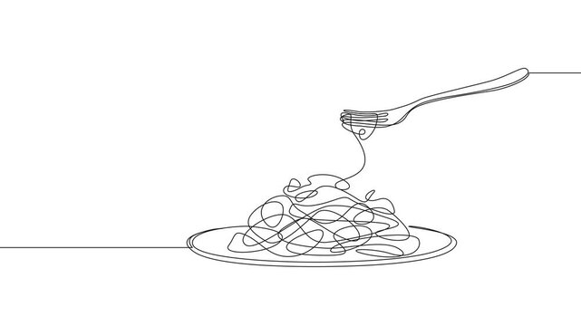 animated continuous line drawing of a plate of spaghetti with a fork twirling pasta, modern minimal line art animation