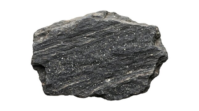 A single piece of dark grey metamorphic schist rock isolated on a white background for geological study