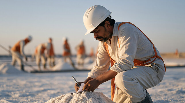 Salt harvest workers at a flat evaporation pan arranged in a loose working group, one writing a family update Christmas card balanced on a knee during a break, the wide sterile