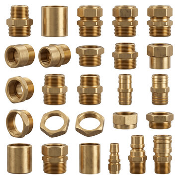 Collection of assorted brass plumbing fittings and metal pipe connectors for industrial hydraulic systems with adapters arranged structured grid pattern on transparent  background