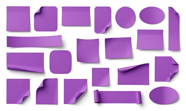 Violet Blank Sticky Notes and Memo Pads Collection Isolated on White Background, Adhesive Paper Sheet Mockup Set