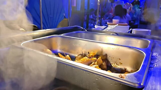 Variety of steaming hot food in buffet chafing dishes, Restaurant Banquet Catering, Fine Dining, Gourmet Reception Service, Menu Diversity, Slow Motion, Closeup