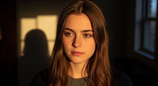 Portrait of young woman with dramatic sunset lighting.