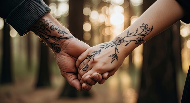 Close up of tattooed hands holding in forest sunlight.