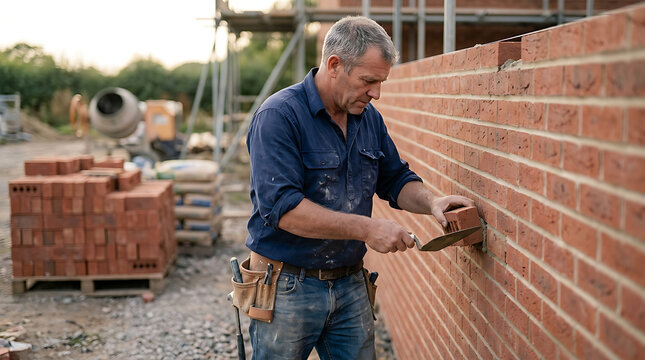 Skilled bricklayer constructing a red brick wall outdoors.