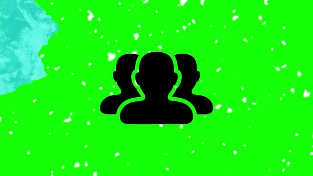Icon showing three stylized human silhouettes arranged in a group formation centered against a bright green background with floating white particles and a subtle blue textured corner accent design.