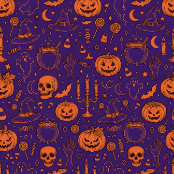 Halloween seamless pattern with pumpkins and skulls