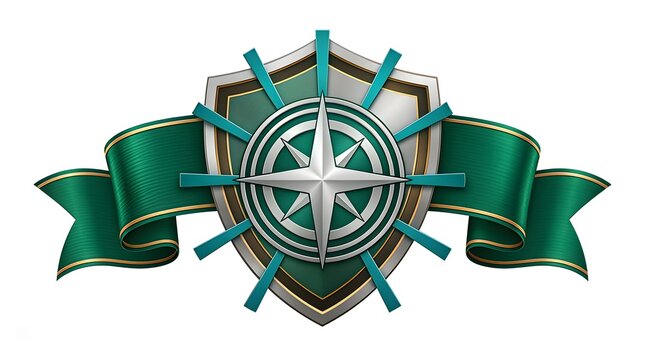 Nautical Shield with Compass Rose and Ship's Wheel Emblem on Green Banner