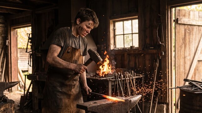 Blacksmith at Work: A focused blacksmith hammers a glowing piece of metal on an anvil, sparks flying from the forge in a traditional workshop setting.