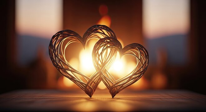 Two woven wicker hearts glowing with warm light.