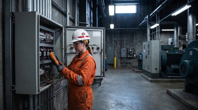 A focused female electrician, wearing a hard hat and safety glasses, meticulously checks electrical wiring within a control panel in a factory setting.