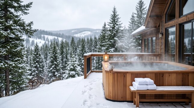 Luxury wooden hot tub on a snowy deck overlooking a winter forest and mountains