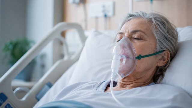 An Elderly Woman Receiving Medical Care in a Hospital Bed, Utilizing an Oxygen Mask for Enhancing Breathing in a Clinical Environment