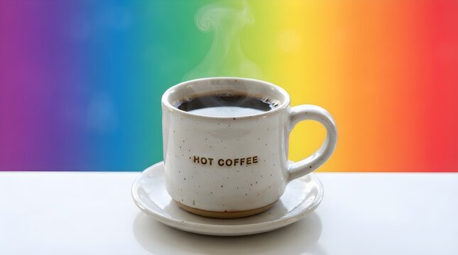 Close-up of a white coffee cup on a saucer. Bright rainbow background adds vibrant mood.