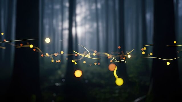 Golden fireflies flying in dark misty forest at night