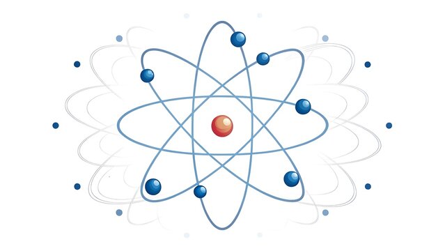 3D render illustration of an atom structure with orbiting electrons chemistry electrons particles