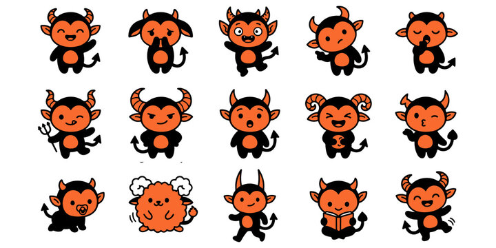 Set of cute cartoon devil characters with various expressions and poses for design projects and stickers