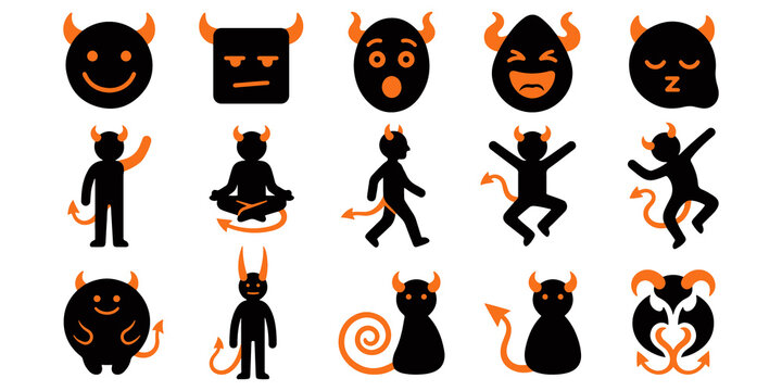 Set of cute little devil character stickers showing various poses and expressions in a flat vector art style