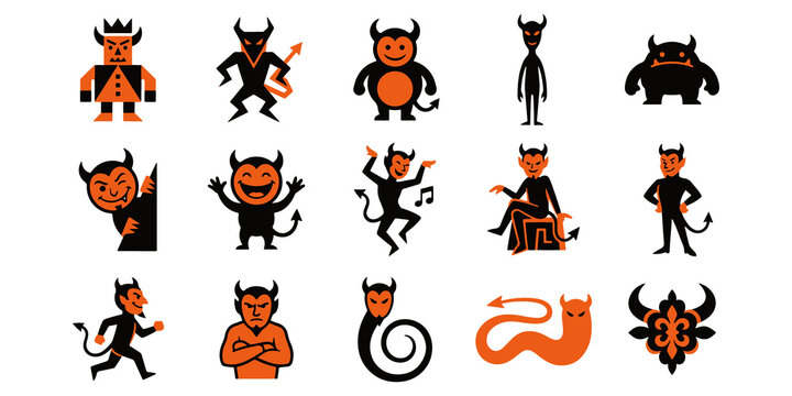 Set of various cartoon devil characters and demons in different poses for halloween design and creative projects