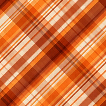 Seamless orange plaid fabric pattern with diagonal lines