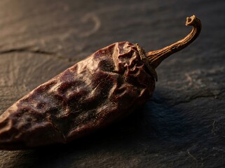 Obraz premium Close up shot of a dried chile pasilla resting on a dark slate background in dramatic warm lighting