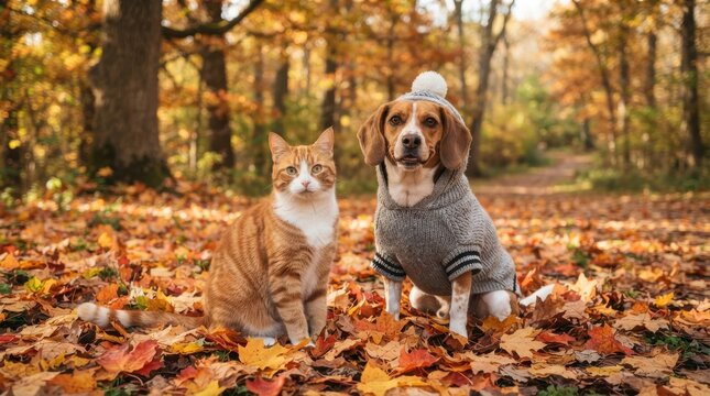 An orange tabby cat and a beagle dog in a sweater in an autumn forest