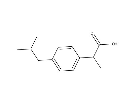 Ibuprofen (C13H18O2), organic chemistry molecular structure, black skeletal formula transparent