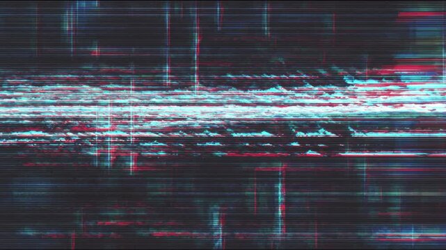 Static black and white noise on television screen creating a vintage vhs effect with glitching lines and bad signal motion.