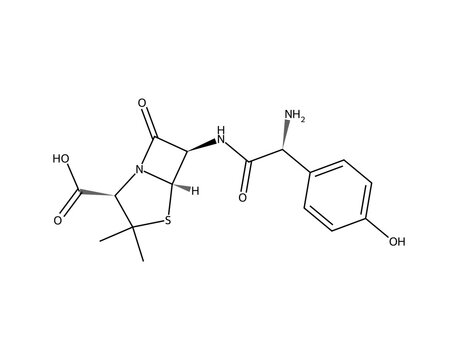 Amoxicillin (C16H19N3O5S), complex organic chemistry molecular structure, black skeletal formula transparent