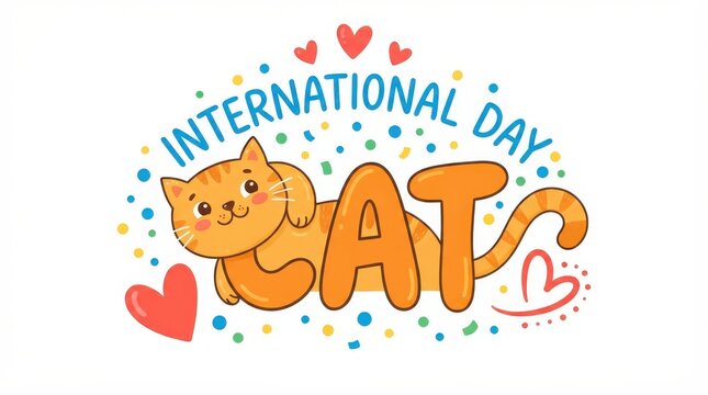 International cat day greeting card design with cute orange cat illustration
