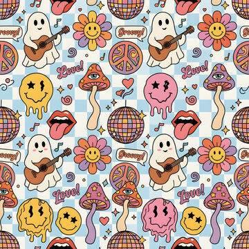 Retro pixel art seamless pattern with ghosts and flowers