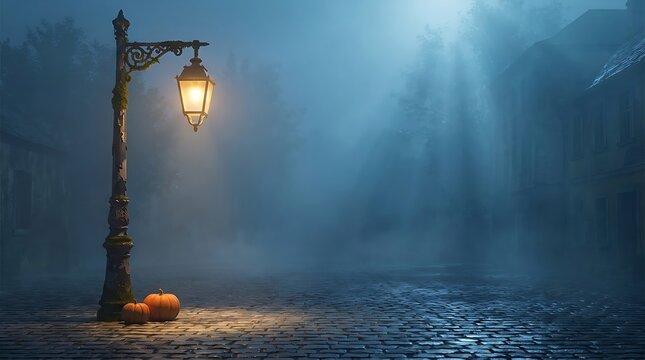 Atmospheric street scene with a vintage lamp post and pumpkins in fog