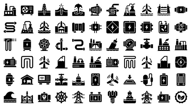 Geothermal and renewable solid icon set. Includes symbols for power plant, wind turbine, wave energy, and battery for green industry and clean technology.