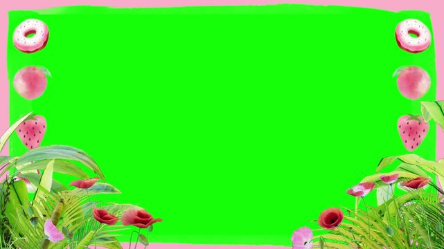 Donuts and fresh strawberries decorate the borders of a bright green screen template which is perfect for food related video content and culinary advertising campaigns needing a playful overlay.