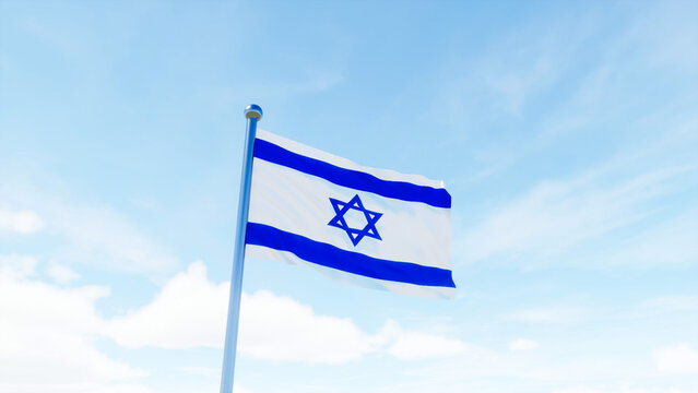 Israeli national flag waving in the sky, representing Israel and its national identity.