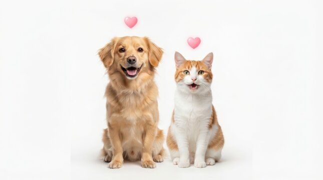 Happy golden retriever dog and orange tabby cat sitting together isolated on white background