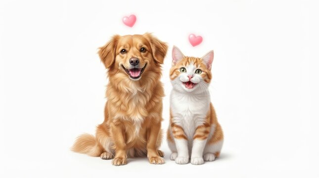 Happy dog and cat sitting together isolated on white background