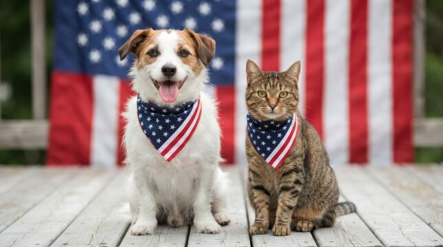 A happy dog and a tabby cat sitting together with american flag background