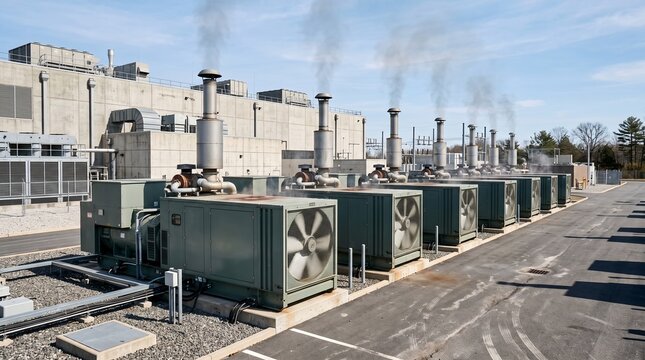 Ground Level View of a Long Receding Row of Olive Diesel Standby Generators With Radiator Fans and Vertical Exhaust Stacks Venting White Smoke Beside a Modern Data Center Building