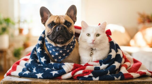 French bulldog and white cat wrapped in an american flag blanket
