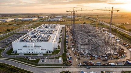 High Aerial of a Finished White Data Center Hall Beside a Steel Frame Building Under Construction With Four Tower Cranes Against a Hazy Golden Sunset Over Flat Farmland Industry © Iryna