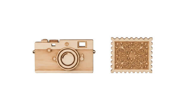 Wooden vintage camera and postage stamp with ornate carvings, conveying photography and historical communication.
