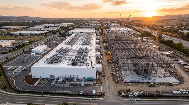 High Aerial of a Finished White Data Center Hall Beside a Steel Frame Building Under Construction With Four Tower Cranes Against a Hazy Golden Sunset Over Flat Farmland Industry